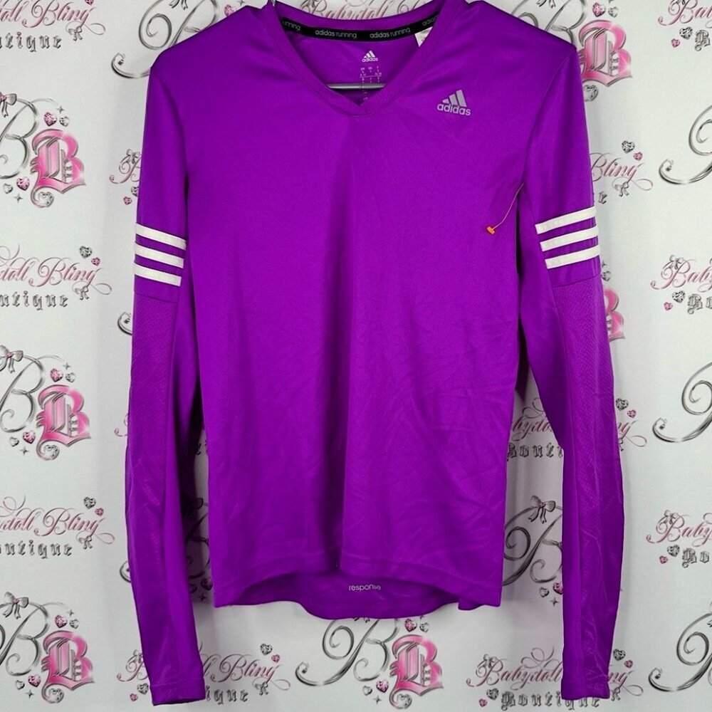 Adidas response pull over v neck Vibrant Purple Long Sleeve Top stripes white